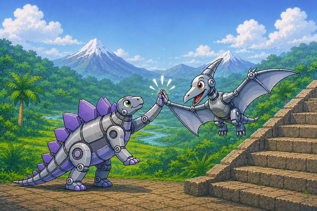 A bright cartoon-style illustration of a robotic stegosaurus and a robotic pterosaur high-fiving in a lush green landscape. A river, tropical plants, stone steps, and snow-capped mountains appear in the background.